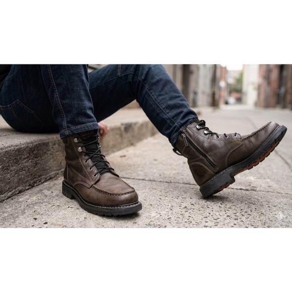 ⁠Harley-Davidson Men\'s 9.5M Brown Leather Moc Toe Side-Zip Motorcycle Boots
